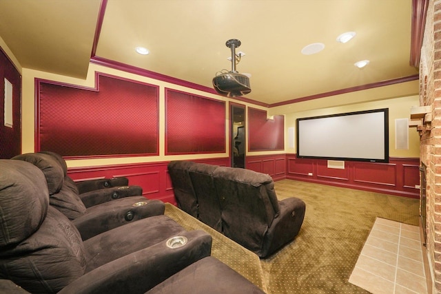 home theater with crown molding and carpet floors