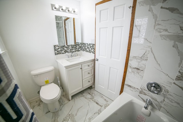 bathroom with toilet, marble finish floor, vanity, and decorative backsplash