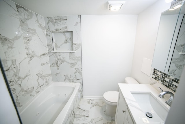 full bath with toilet, marble finish floor, a combined bath / shower with jetted tub, and vanity