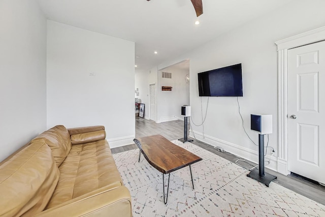 living room featuring ceiling fan and wood-type flooring