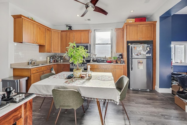 kitchen with stainless steel appliances, ceiling fan, backsplash, sink, and dark hardwood / wood-style floors