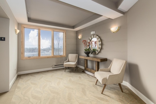 living area featuring baseboards, a raised ceiling, and light colored carpet