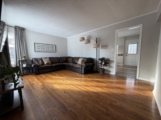 living room featuring crown molding, lofted ceiling, dark wood-type flooring, and a textured ceiling