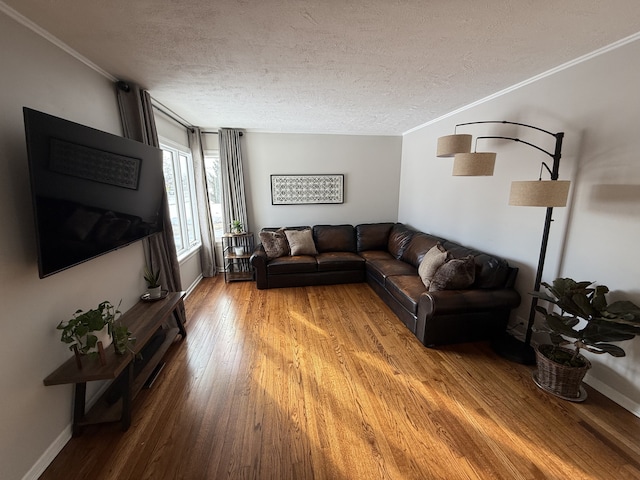 living room with ornamental molding, a textured ceiling, and hardwood / wood-style floors