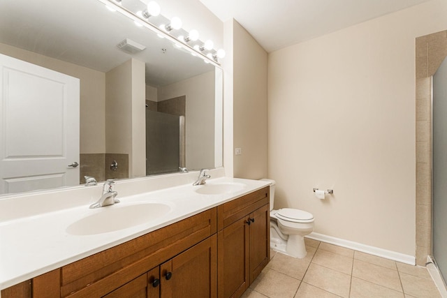 bathroom with a shower with shower door, vanity, toilet, and tile patterned floors