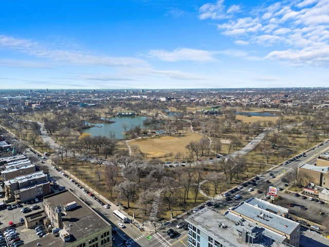 bird's eye view with a water view