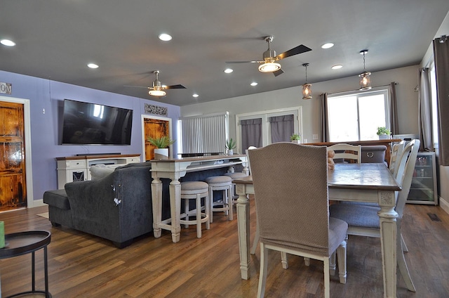 dining area with dark wood-style floors, recessed lighting, visible vents, and a ceiling fan