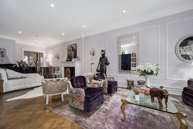 living room featuring ornamental molding and parquet floors