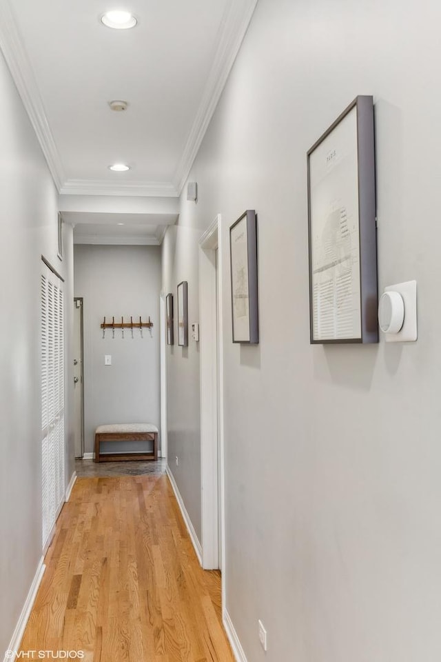 corridor featuring light hardwood / wood-style flooring and ornamental molding