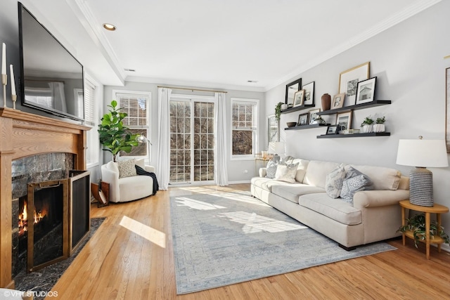 living room featuring ornamental molding, light wood-type flooring, and a high end fireplace