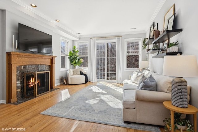 living room with light hardwood / wood-style flooring, crown molding, and a fireplace