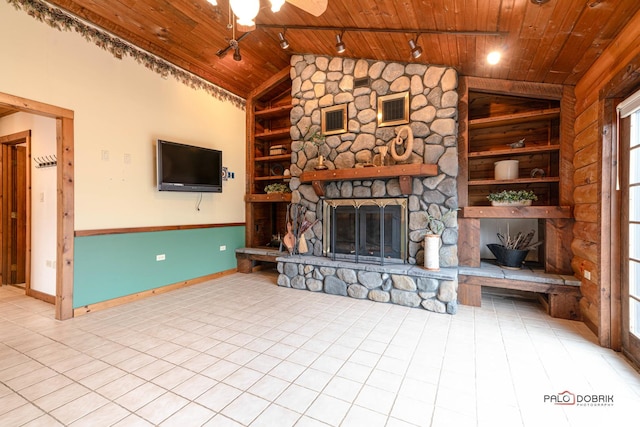 unfurnished living room featuring lofted ceiling, built in shelves, and wooden ceiling