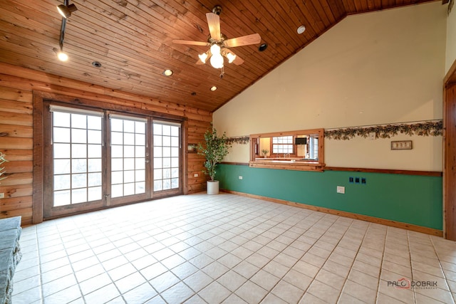 unfurnished room with high vaulted ceiling, wooden ceiling, and light tile patterned flooring