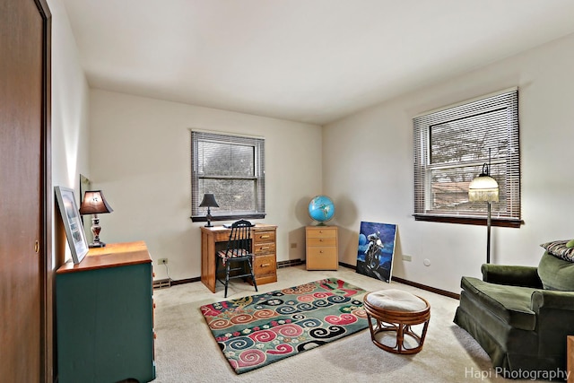 office area featuring light colored carpet