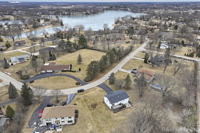 drone / aerial view featuring a water view