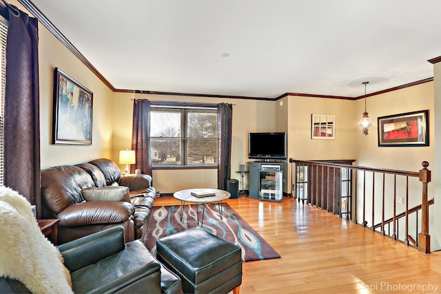 living room featuring ornamental molding and light hardwood / wood-style floors