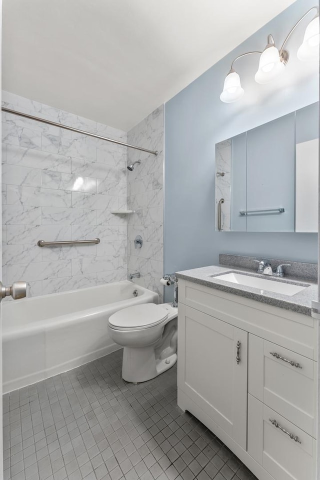 bathroom with toilet, tile patterned floors, shower / tub combination, and vanity