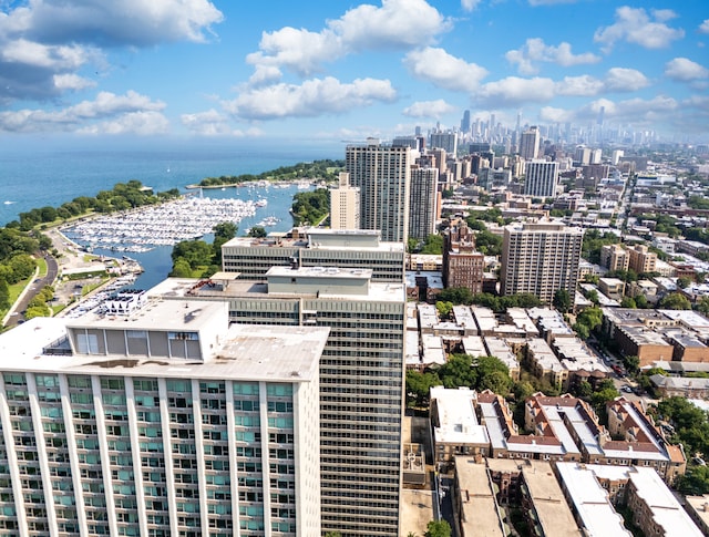 bird's eye view featuring a water view and a city view