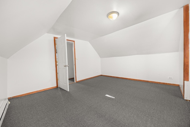 bonus room with carpet, vaulted ceiling, and a baseboard radiator