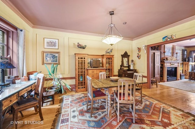 dining area with crown molding, a fireplace, wood finished floors, and a decorative wall