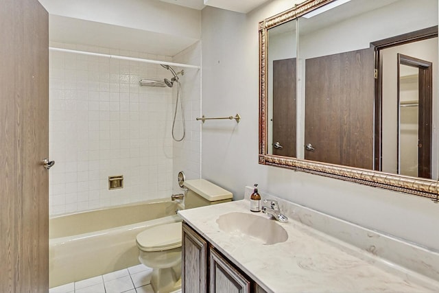 full bathroom with shower / bathing tub combination, vanity, toilet, and tile patterned floors