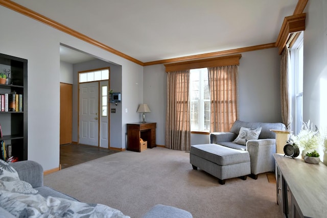 carpeted living room featuring ornamental molding