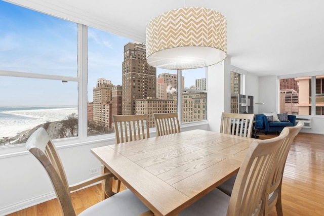 dining room featuring a water view, light wood-type flooring, and an AC wall unit