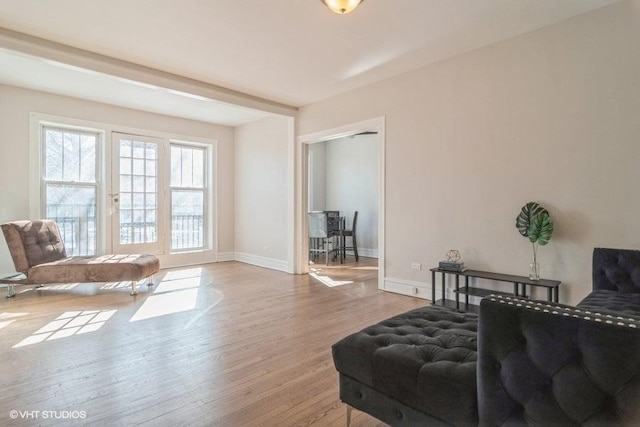 living area featuring baseboards and wood finished floors