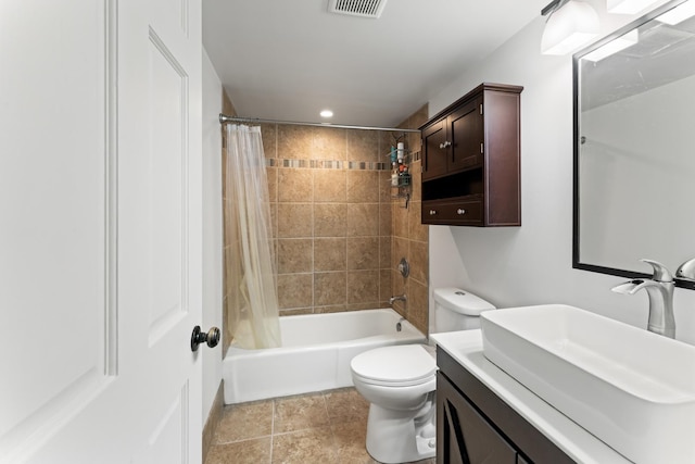 full bath with visible vents, toilet, recessed lighting, shower / tub combo, and vanity