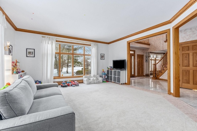 10848 Crystal Ridge Ct, Orland Park, IL 60467 - carpeted living room featuring stairway and ornamental molding