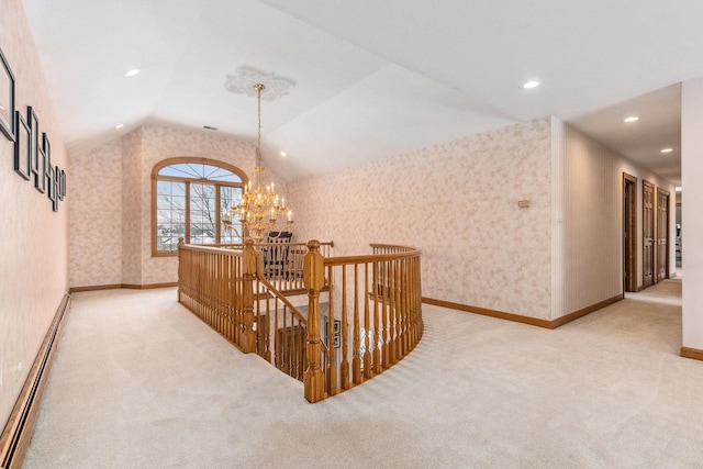 10848 Crystal Ridge Ct, Orland Park, IL 60467 - corridor with an inviting chandelier, an upstairs landing, baseboard heating, carpet floors, and vaulted ceiling
