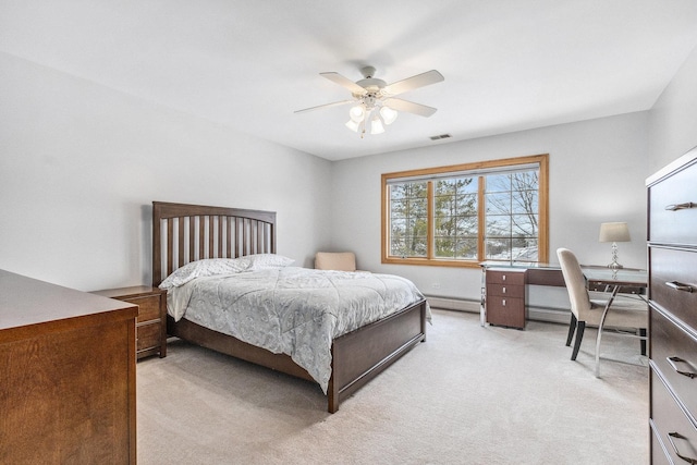 carpeted bedroom featuring ceiling fan and a baseboard radiator