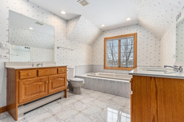 10848 Crystal Ridge Ct, Orland Park, IL 60467 - bathroom with visible vents, a bath, a sink, vaulted ceiling, and wallpapered walls