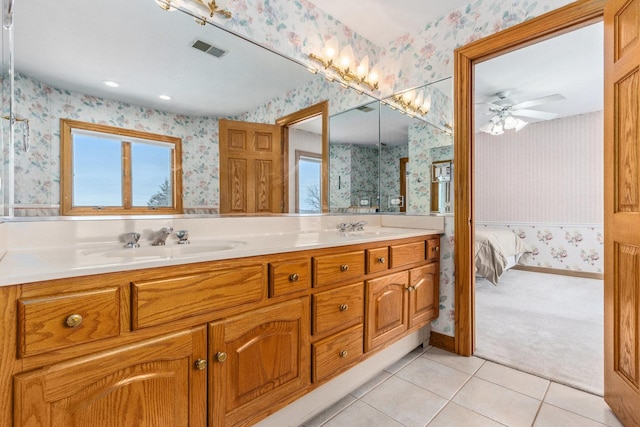 10848 Crystal Ridge Ct, Orland Park, IL 60467 - full bathroom featuring double vanity, visible vents, a sink, and wallpapered walls