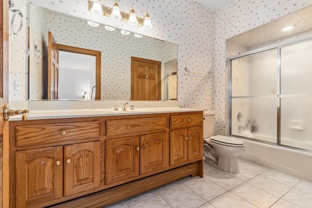 10848 Crystal Ridge Ct, Orland Park, IL 60467 - full bathroom with vanity, wallpapered walls, enclosed tub / shower combo, tile patterned floors, and toilet