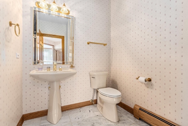 10848 Crystal Ridge Ct, Orland Park, IL 60467 - bathroom featuring toilet, a baseboard radiator, wallpapered walls, and baseboards