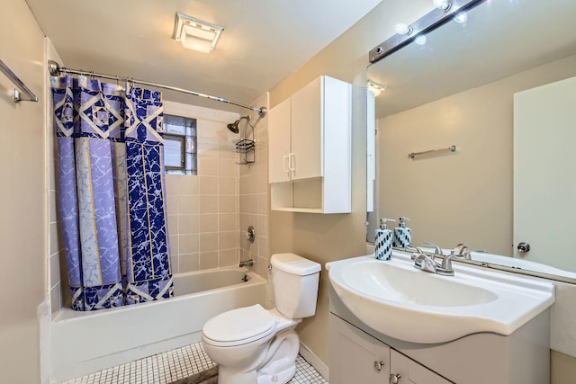 full bath with tile patterned floors, toilet, vanity, and shower / bath combination with curtain