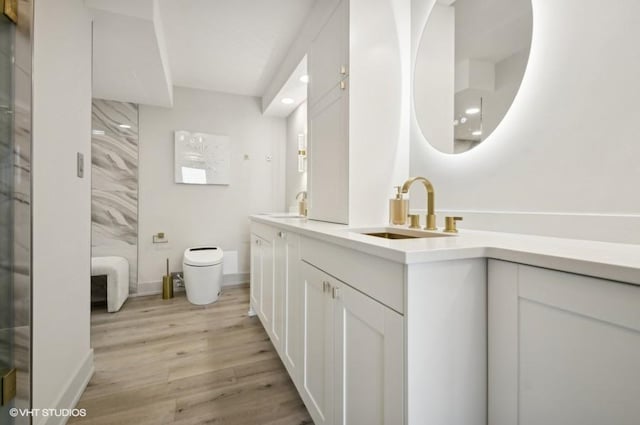 bathroom with toilet, vanity, walk in shower, and wood-type flooring