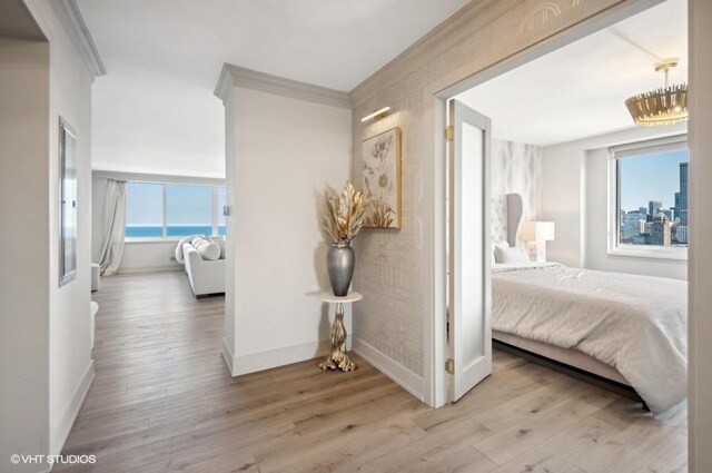 corridor featuring light wood-type flooring, plenty of natural light, and crown molding