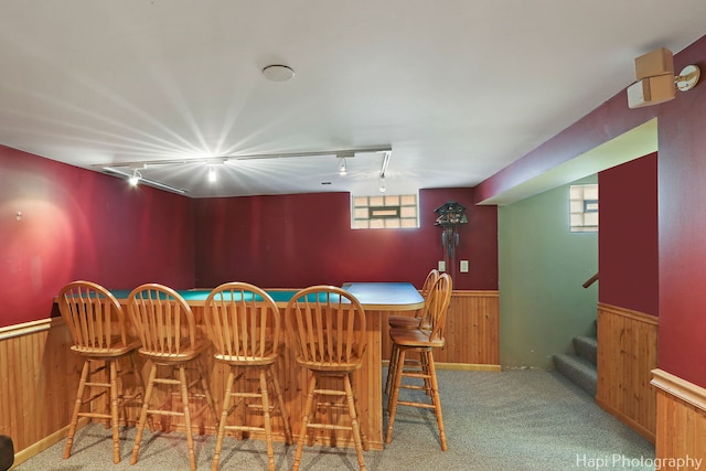 carpeted dining room with wet bar, a wainscoted wall, wooden walls, and track lighting