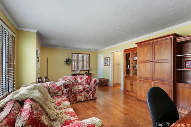 living room featuring ornamental molding and light wood-style flooring