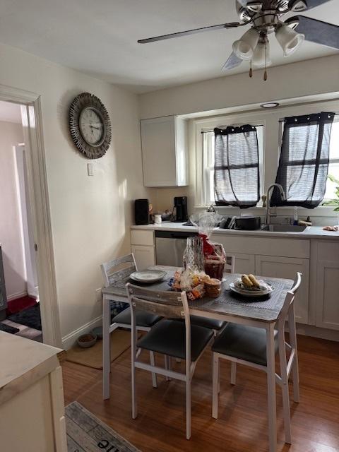 kitchen with ceiling fan, white cabinetry, wood-type flooring, and sink