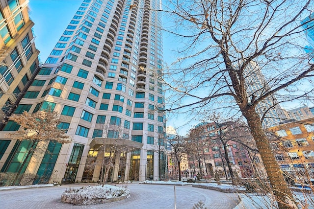 view of snow covered building