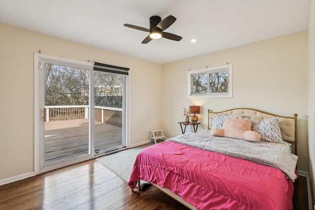 bedroom featuring wood finished floors, baseboards, recessed lighting, ceiling fan, and access to outside