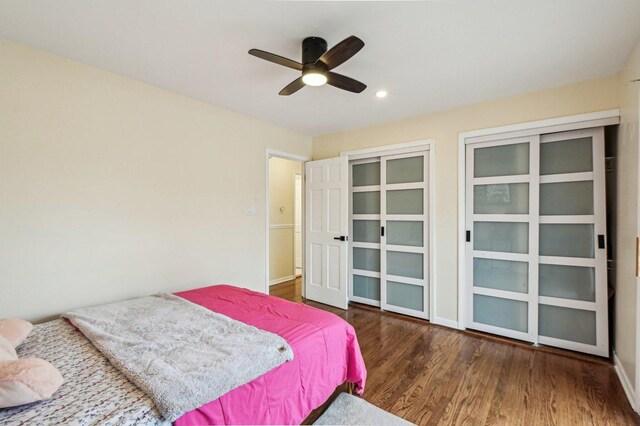 bedroom featuring a ceiling fan, recessed lighting, wood finished floors, and baseboards