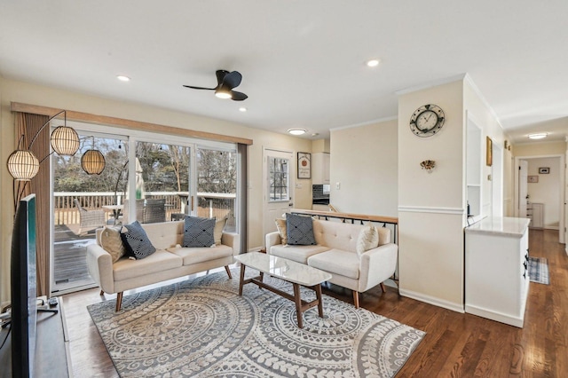 living room with ceiling fan, wood finished floors, and recessed lighting