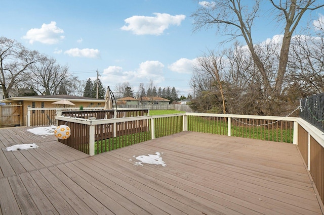 wooden terrace featuring fence private yard and a lawn