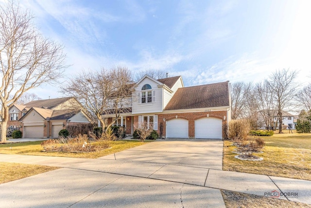 view of front facade featuring brick siding, roof with shingles, a garage, driveway, and a front lawn