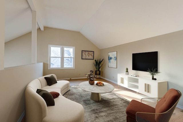 living area with lofted ceiling with beams and baseboards