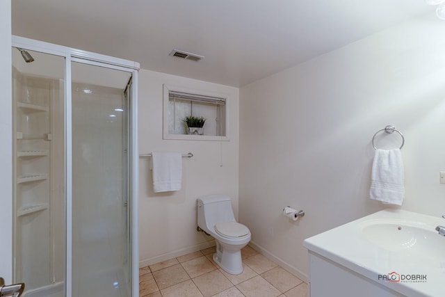 bathroom featuring baseboards, visible vents, toilet, tile patterned flooring, and a shower stall